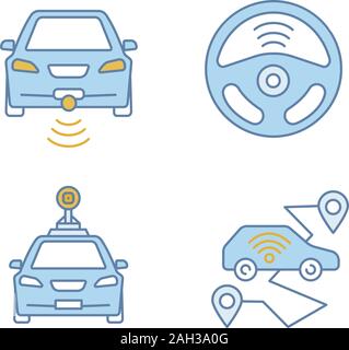 Smart cars сolor icons set. NFC autos. Intelligent vehicles.  Self driving automobiles. Autonomous cars. Driverless vehicles. Isolated vector illustra Stock Vector