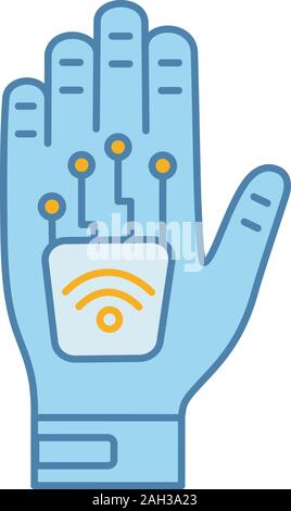 Human microchip implant in hand color icon. NFC implant. Implanted RFID transponder. Isolated vector illustration Stock Vector