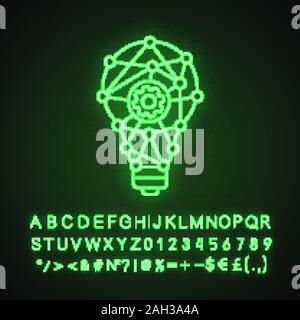 Innovation process neon light icon. Technological progress. Creative idea. Machine learning. Cogwheel inside light bulb. Glowing sign with alphabet, n Stock Vector
