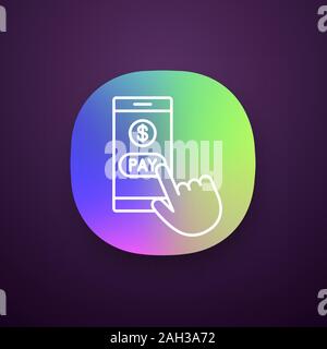 Online payment app icon. E-payment. Digital purchase. Cashless payments smartphone app. Hand pressing pay button. UI/UX user interface. Web or mobile Stock Vector