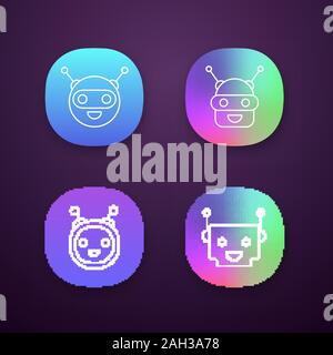 Chatbots app icons set. UI/UX user interface. Talkbots. Laughing virtual assistants. Conversational agents. Modern robots. Web or mobile applications. Stock Vector