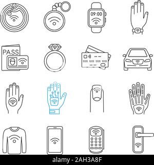 NFC technology linear icons set. Near field communication. RFID and nfc tag, sticker, phone, trinket, ring, implant. Thin line contour symbols. Isolat Stock Vector