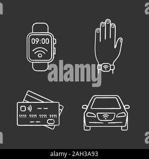 NFC technology chalk icons set. Near field smartwatch, bracelet, credit cards, car. Isolated vector chalkboard illustrations Stock Vector