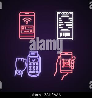 NFC payment neon light icons set. Cash receipt, QR code scanner, NFC smartphone and smartwatch. Glowing signs. Vector isolated illustrations Stock Vector
