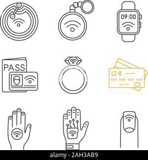 NFC technology linear icons set. Near field chip, trinket, smartwatch, identification system, ring, credit card, sticker, hand implant, manicure. Isol Stock Vector
