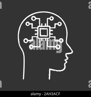 Artificial intelligence chalk icon. Robot. Human head with chip digital network. Robotics. Isolated vector illustration Stock Vector