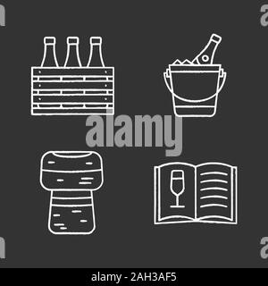 Alcohol chalk icons set. Bar. Wine. Beer case, champagne bucket, cork, wine menu. Isolated vector chalkboard illustrations Stock Vector