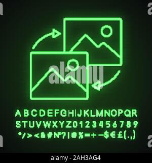 Data transforming neon light icon. Glowing sign with alphabet, numbers and symbols. Pictures reload. Image type changing. Data conversion. Vector isol Stock Vector