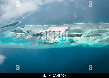 Maldives from the Sky with the blue sea and white sand and beach in the indian ocean Stock Photo