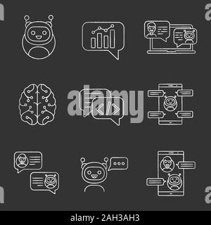 Chatbots chalk icons set. Talkbots. Graph, support, code, messenger, chat bots. Modern robots. Chatterbots. Virtual assistants. Isolated vector chalkb Stock Vector