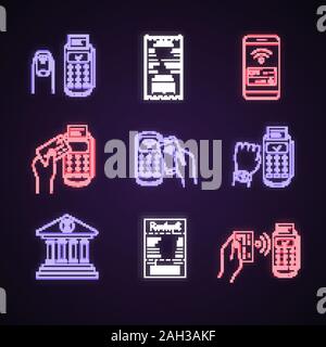 NFC payment neon light icons set. Cash receipt, pay with smartwatch and credit card, NFC manicure, smartwatch, online banking. Glowing signs. Vector i Stock Vector