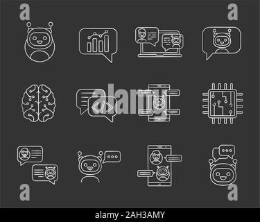Chatbots chalk icons set. Chat bots. Talkbots. Virtual assistants. Support, chat, code, messenger bots. Online helpers. Isolated vector chalkboard ill Stock Vector
