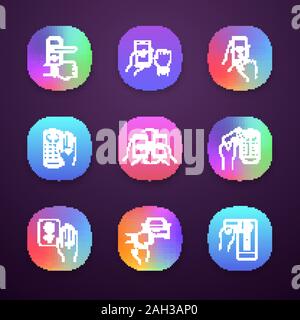 NFC technology app icons set. NFC bracelet, door lock, data transfer, smartphone, car. Near field communication. UI/UX user interface. Web or mobile a Stock Vector