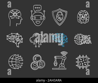 Artificial intelligence chalk icon set. AI. Internet of things. Digital network. Neurotechnology. Isolated vector chalkboard illustrations Stock Vector