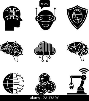 Artificial intelligence glyph icons set. Silhouette symbols. AI. Chat bot, cybersecurity, cloud computing, big data, internet of things, digital brain Stock Vector