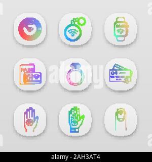 NFC technology app icons set. Near field chip, trinket, smartwatch, identification system, ring, credit card, sticker, hand implant, manicure. UI/UX u Stock Vector