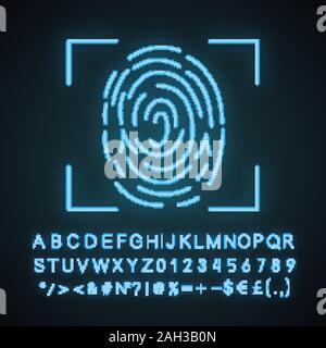 Fingerprint scanning neon light icon. Touch id. Glowing sign with alphabet, numbers and symbols. Biometric identification.  Fingerprint recognition. V Stock Vector