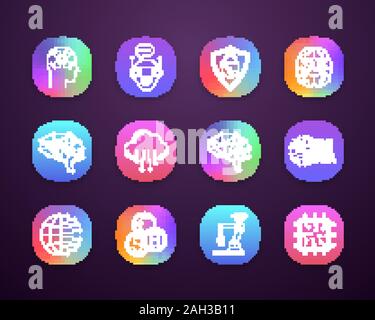 Artificial intelligence app icons set. UI/UX user interface. AI. Internet of things. Digital network. Neurotechnology. Web or mobile applications. Vec Stock Vector
