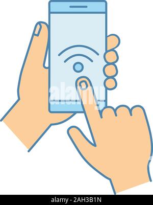 Hands holding NFC smartphone color icon. NFC phone. Near field communication. Mobile phone contactless payment. Wifi connection. Isolated vector illus Stock Vector