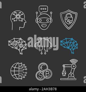 Artificial intelligence chalk icons set. AI. Chat bot, cybersecurity, cloud computing, big data, internet of things, digital brain, currency exchange. Stock Vector
