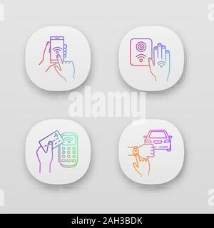 NFC technology app icons set. Near field smartphone, car and bracelet, payment terminal, reader. UI/UX user interface. Web or mobile applications. Vec Stock Vector
