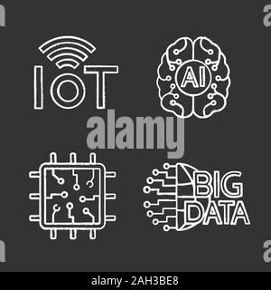 Artificial intelligence chalk icons set. Neural network. Neurotechnology. Internet of things, big data, chip, AI. Isolated vector chalkboard illustrat Stock Vector