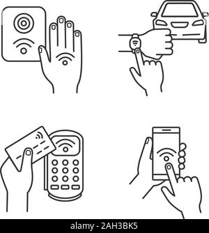NFC technology linear icons set. Near field smartphone, car and bracelet, payment terminal, reader. Thin line contour symbols. Isolated vector outline Stock Vector