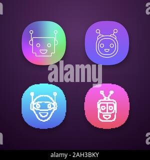 Chatbots app icons set. UI/UX user interface. Talkbots. Laughing virtual assistants. Conversational agents. Modern robots. Web or mobile applications. Stock Vector