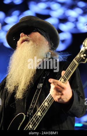 Vigevano Italy, from 13 July to 22 July 2010, live concerts Festival of Vigevano:  ZZ Top ,the bassist Dusty Hill during the concert Stock Photo