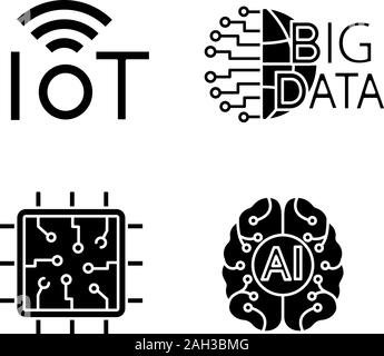 Artificial intelligence glyph icons set. Silhouette symbols. Neural network. Neurotechnology. Internet of things, big data, chip, AI. Vector isolated Stock Vector