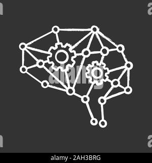 Deep learning AI chalk icon. Neurotechnology. Neural network with cogwheels. Digital brain. Artificial intelligence. Isolated vector illustration Stock Vector