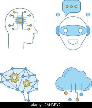 Artificial intelligence color icons set. Neural network Neurotechnology. Chat bot, ai, digital brain, cloud computing. Isolated vector illustrations Stock Vector