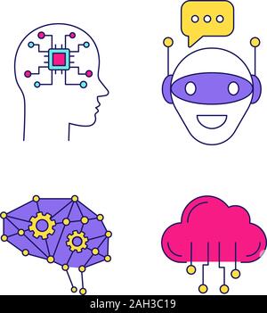 Artificial intelligence color icons set. Neural network Neurotechnology. Chat bot, AI, digital brain, cloud computing. Isolated vector illustrations Stock Vector