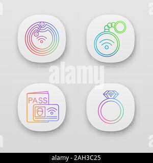 NFC technology app icons set. Near field chip, trinket, identification system, ring. UI/UX user interface. Web or mobile applications. Vector isolated Stock Vector