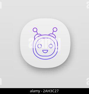 Chatbot app icon. UI/UX user interface. Talkbot. Modern robot. Round head laughing chat bot. Virtual assistant. Conversational agent. Web or mobile ap Stock Vector