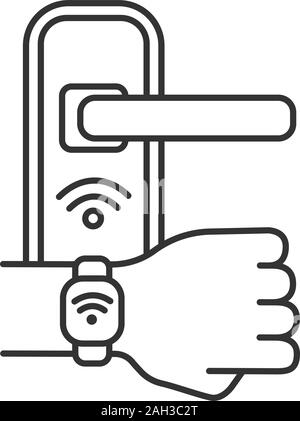 Door lock opened with NFC bracelet linear icon. Thin line illustration. Near field communication padlock. RFID wristband. Contour symbol. Vector isola Stock Vector