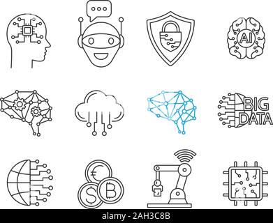 Neurotechnology linear icon. Thin line illustration. Digital brain ...