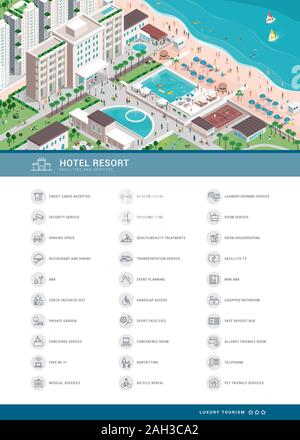 Luxury hotel services icons set and isometric aerial view of the village resort with people, buildings, facilities and beach, tourism and travel conce Stock Vector