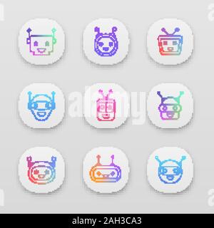 Chatbot app icons set. UI/UX user interface. Modern robots emojis. Laughing, happy chat bot smileys. Virtual assistants. Web or mobile applications. V Stock Vector