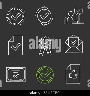 Approve chalk icons set. Check mark, testing, approved chat, document verification, award medal, email confirmation, certificate, quality badge, revie Stock Vector