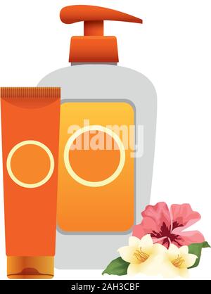 tropical flowers and sunscreens bottles, colorful design Stock Vector