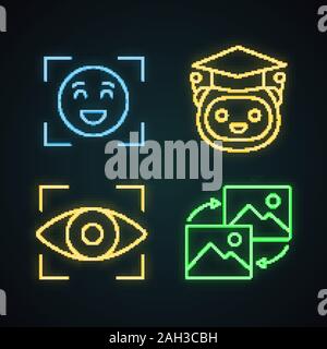 Machine learning neon light icons set. Emotion detection, teacher bot, retina scan, data transforming. Glowing signs. Vector isolated illustrations Stock Vector