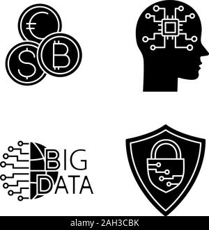 glyph icons set. Silhouette symbols. Neurotechnology. AI. Big data, currency exchange, cybersecurity, robot. Vector isolated illustration Stock Vector