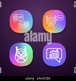 Chatbots app icons set. UI/UX user interface. Virtual assistants. Graph and chat bots. Modern robots. Smartphone chatterbots. Web or mobile applicatio Stock Vector