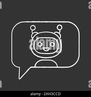 Chatbot in speech bubble chalk icon. Talkbot. Virtual assistant. Online support service. Modern robot. Isolated vector chalkboard illustration Stock Vector