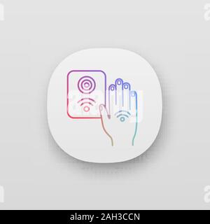 NFC reader app icon. RFID access control. UI/UX user interface. NFC button and hand sticker. Near field communication. RFID elevator controller. Web o Stock Vector