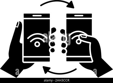 NFC data transfer glyph icon. Silhouette symbol. Content sharing with smartphones. NFC files transfer. Near field communication. Negative space. Vecto Stock Vector