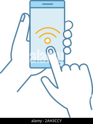 Hands holding NFC smartphone color icon. NFC phone. Near field communication. Mobile phone contactless payment. Wifi connection. Isolated vector illus Stock Vector