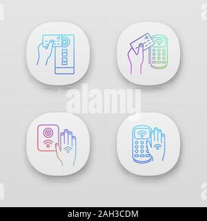 NFC technology app icons set. Near field access control, credit card reader, payment terminal, hand sticker. UI/UX user interface. Web or mobile appli Stock Vector