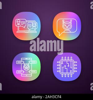 Chatbots app icons set. UI/UX user interface. Virtual assistants. Messenger and chat bots. Processor. Modern robots. Smartphone chatterbots. Web or mo Stock Vector